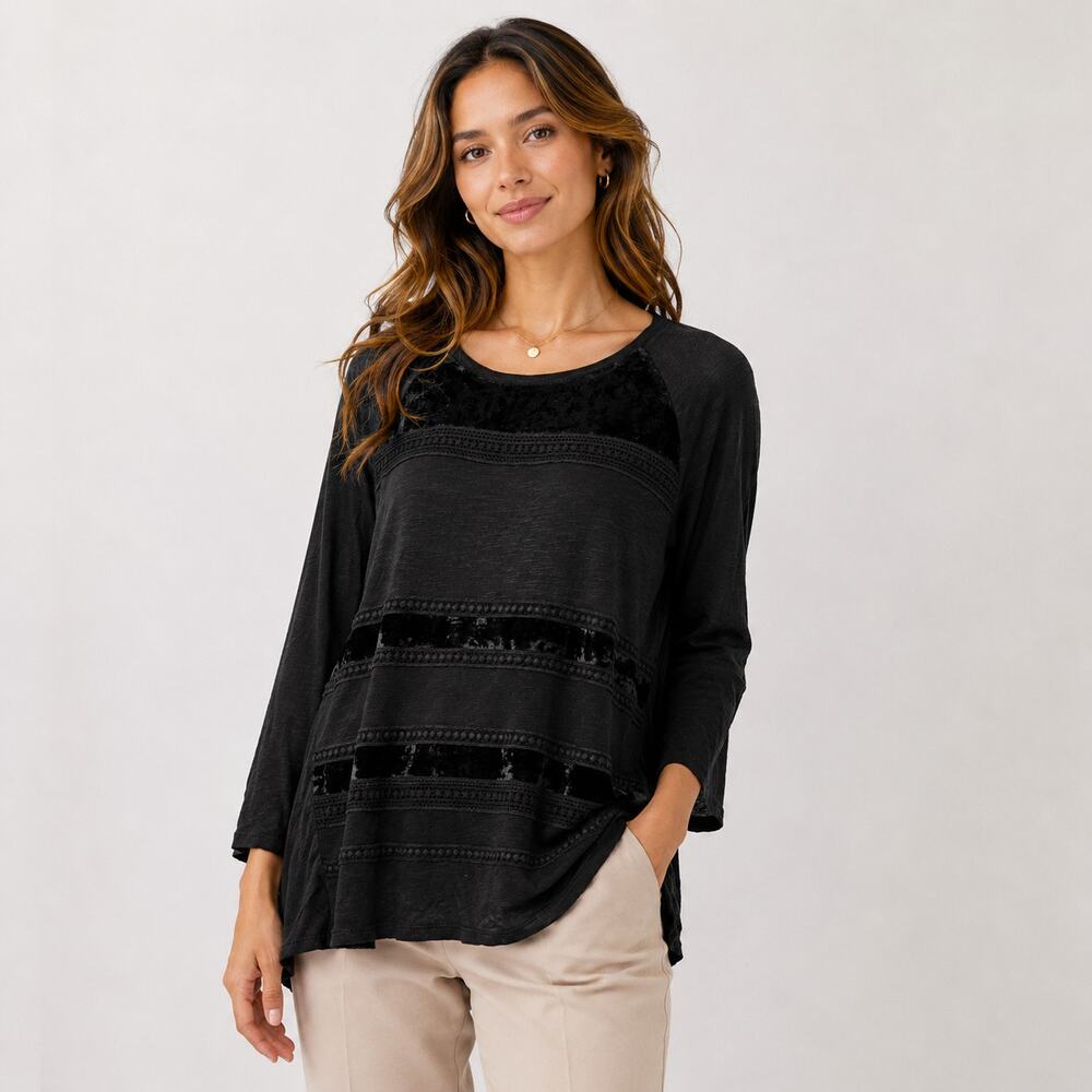 Chico's Top Women's Sz 2 (L) Black NWT Velvet & Crochet Detail Casual Whimsigoth